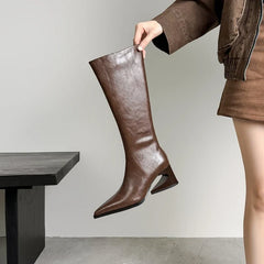 Women's leather cowhide pointed zipper high heels with irregular and retro Western style boots