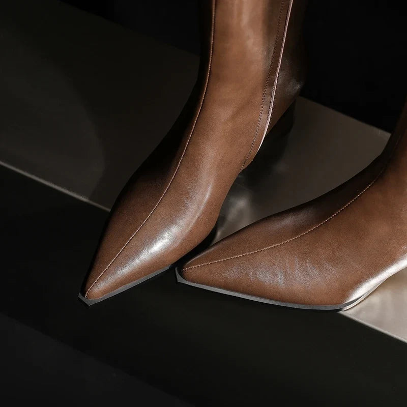 Women's leather cowhide pointed zipper high heels with irregular and retro Western style boots