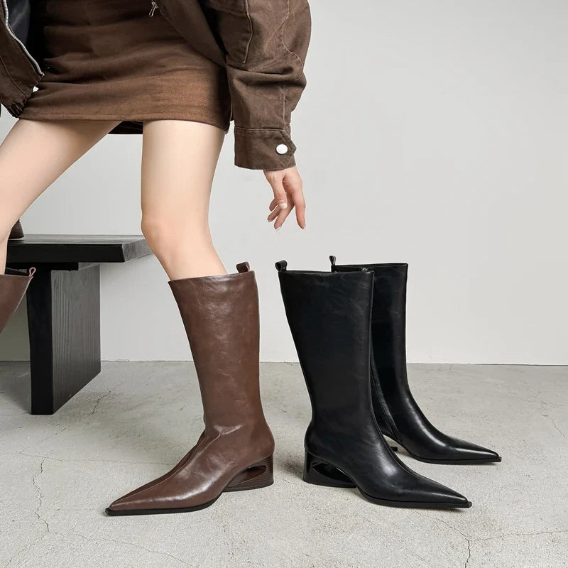 Women's leather cowhide pointed zipper high heels with irregular and retro Western style boots