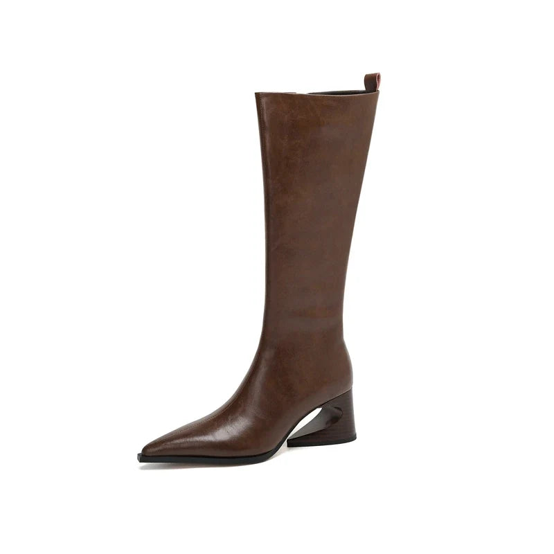 Women's leather cowhide pointed zipper high heels with irregular and retro Western style boots