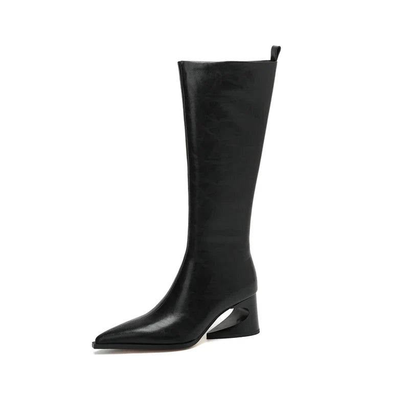 Women's leather cowhide pointed zipper high heels with irregular and retro Western style boots