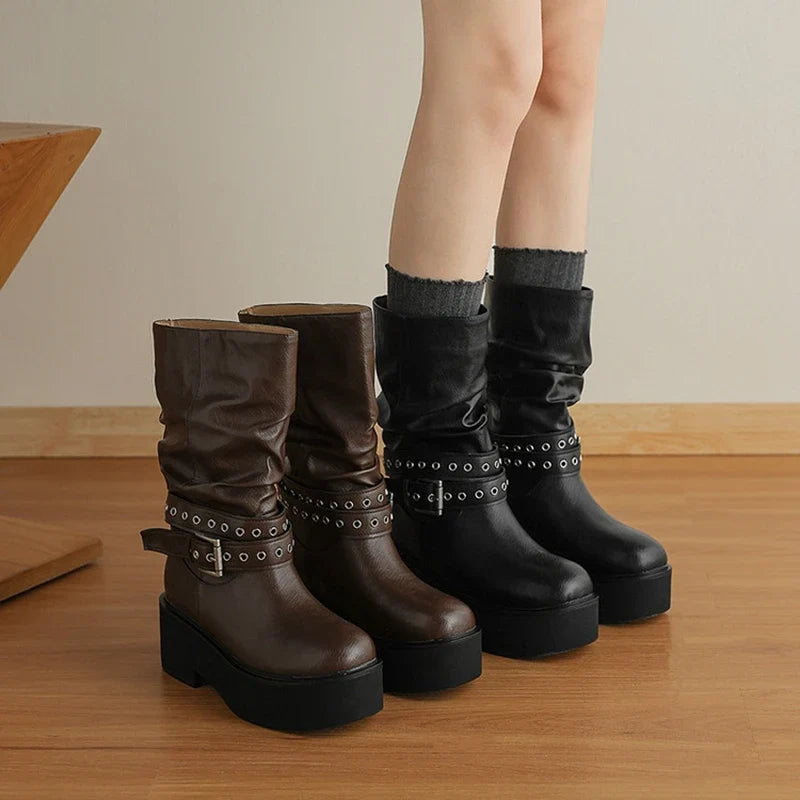 Women's leather cowhide round head metal belt buckle thick soled high-heeled retro motorcycle short boots