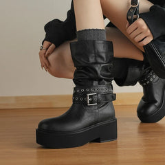 Women's leather cowhide round head metal belt buckle thick soled high-heeled retro motorcycle short boots