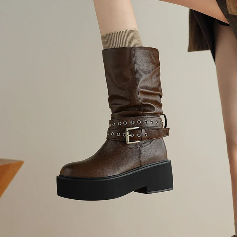 Women's leather cowhide round head metal belt buckle thick soled high-heeled retro motorcycle short boots