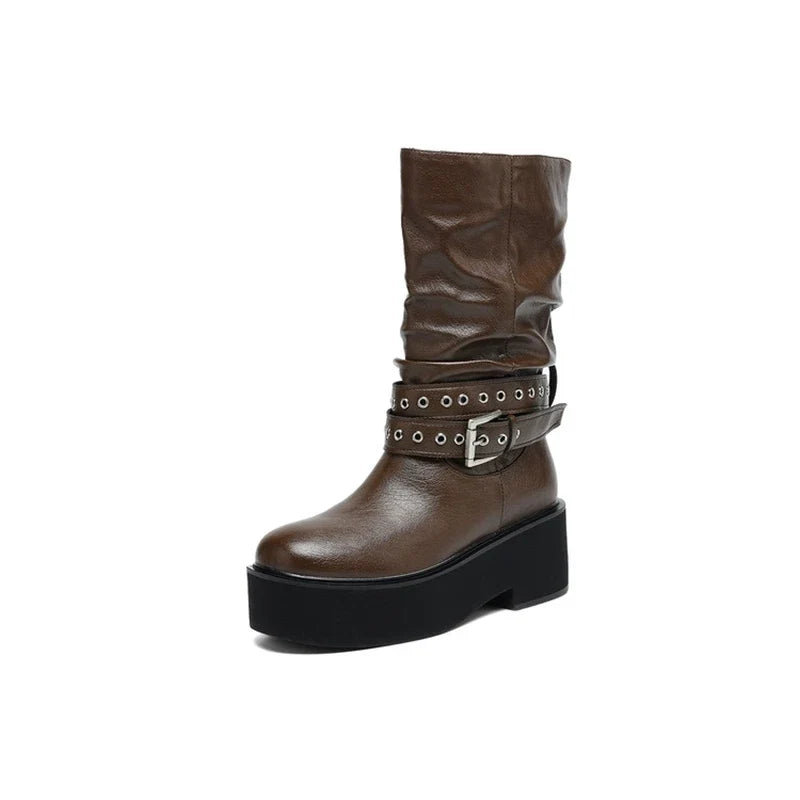 Women's leather cowhide round head metal belt buckle thick soled high-heeled retro motorcycle short boots