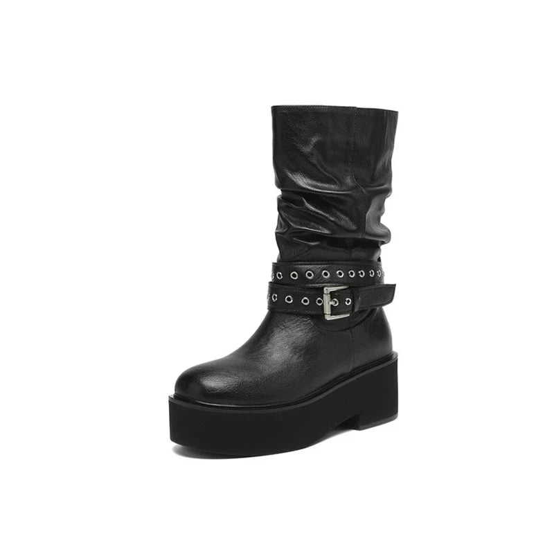 Women's leather cowhide round head metal belt buckle thick soled high-heeled retro motorcycle short boots