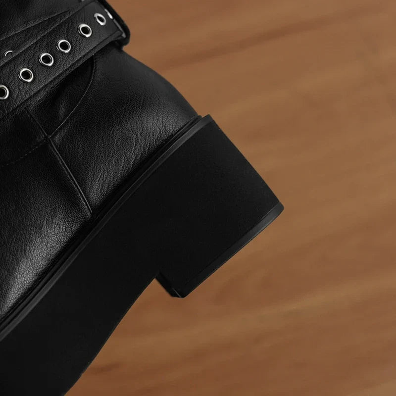 Women's leather cowhide round head metal belt buckle thick soled high-heeled retro motorcycle short boots