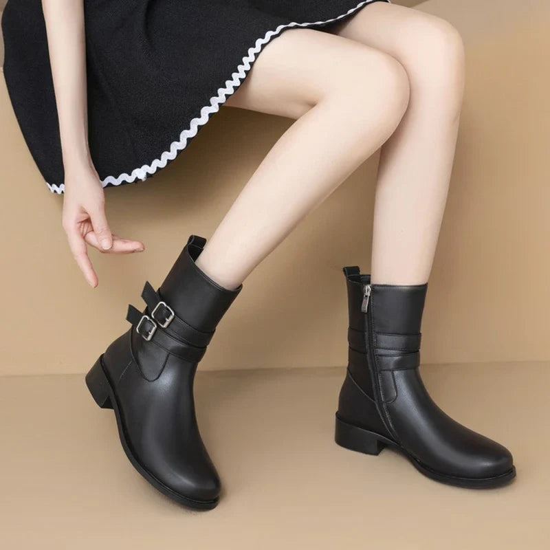 Women's leather cowhide round head side zipper and calf mid heel plus