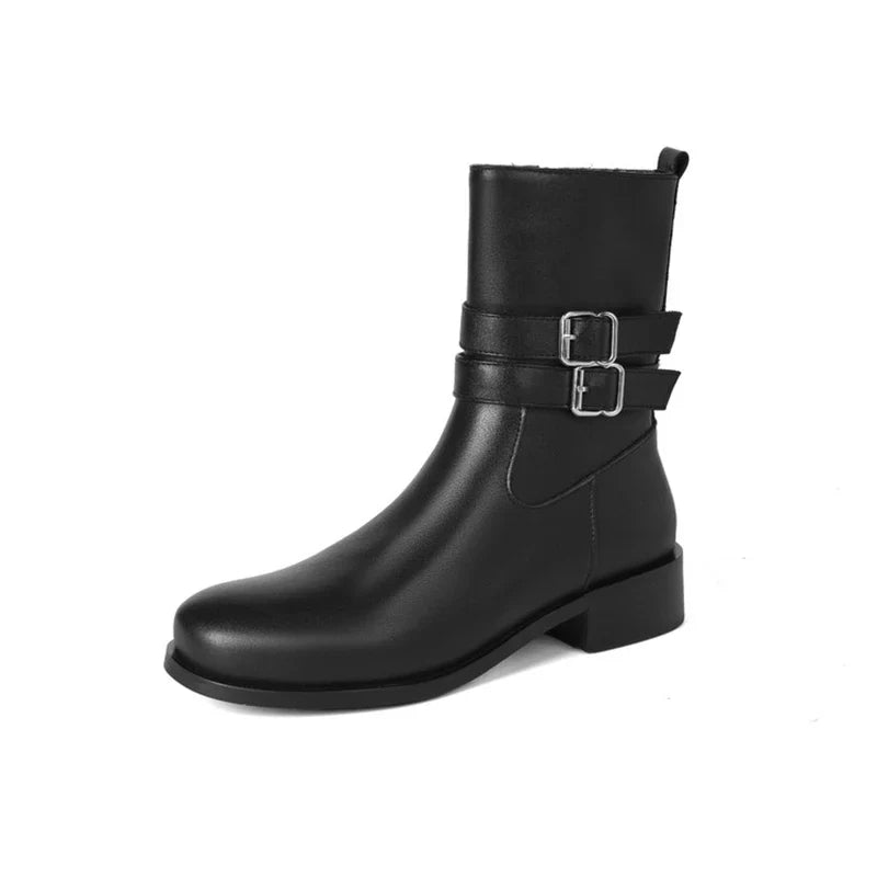 Women's leather cowhide round head side zipper and calf mid heel plus