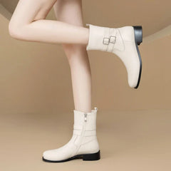 Women's leather cowhide round head side zipper and calf mid heel plus
