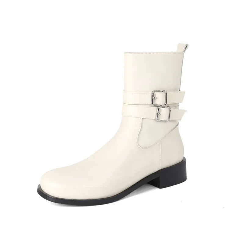 Women's leather cowhide round head side zipper and calf mid heel plus