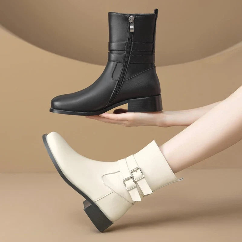 Women's leather cowhide round head side zipper and calf mid heel plus