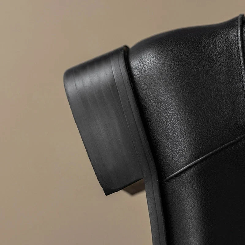 Women's leather cowhide round head side zipper and calf mid heel plus
