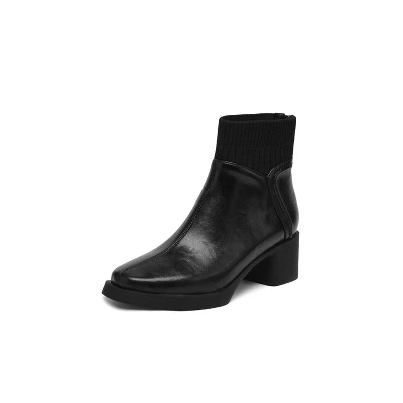 Women's leather cowhide round head zipper high-heeled plus