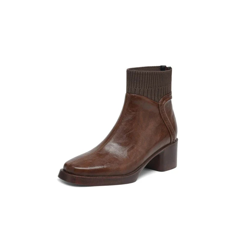 Women's leather cowhide round head zipper high-heeled plus