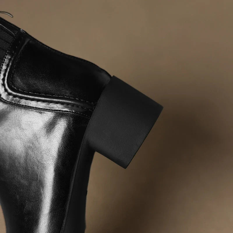Women's leather cowhide round head zipper high-heeled plus