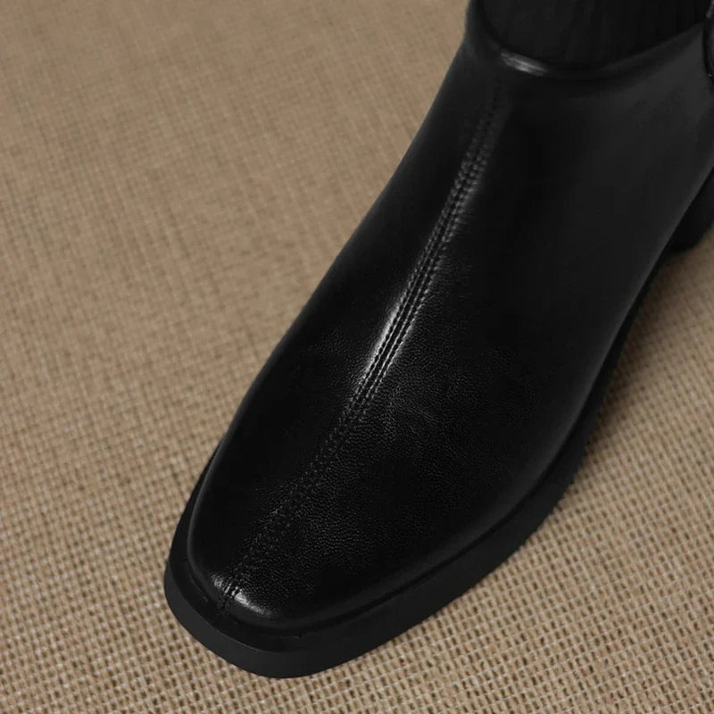 Women's leather cowhide round head zipper high-heeled plus