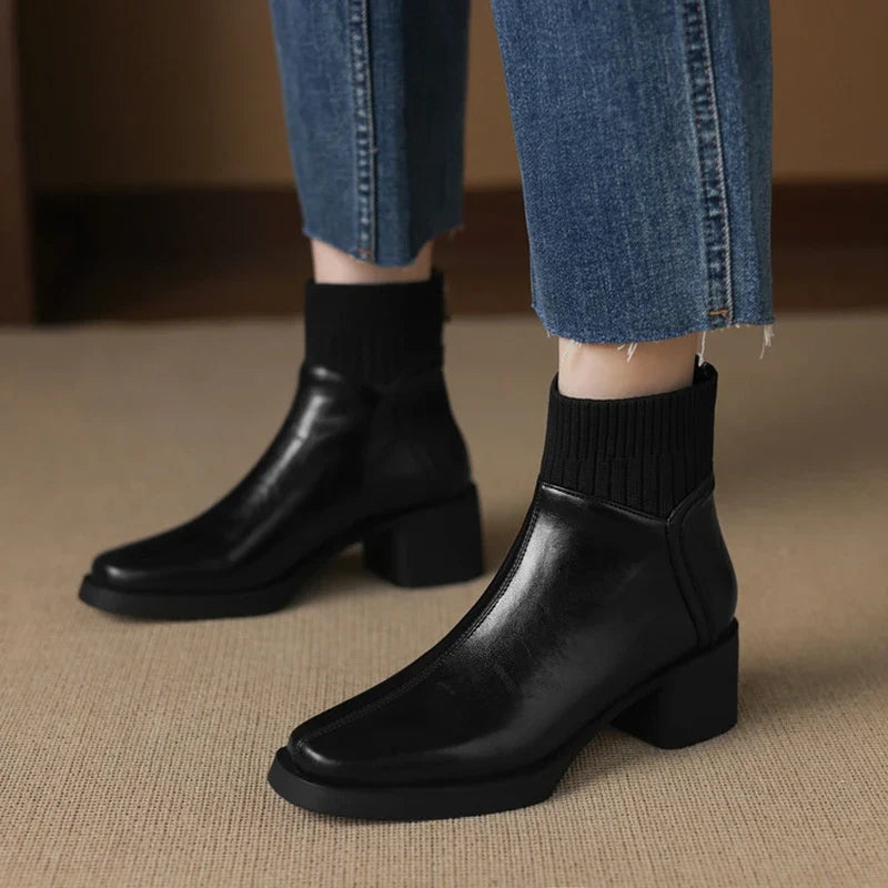 Women's leather cowhide round head zipper high-heeled plus