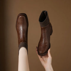 Women's leather cowhide round head zipper high-heeled plus
