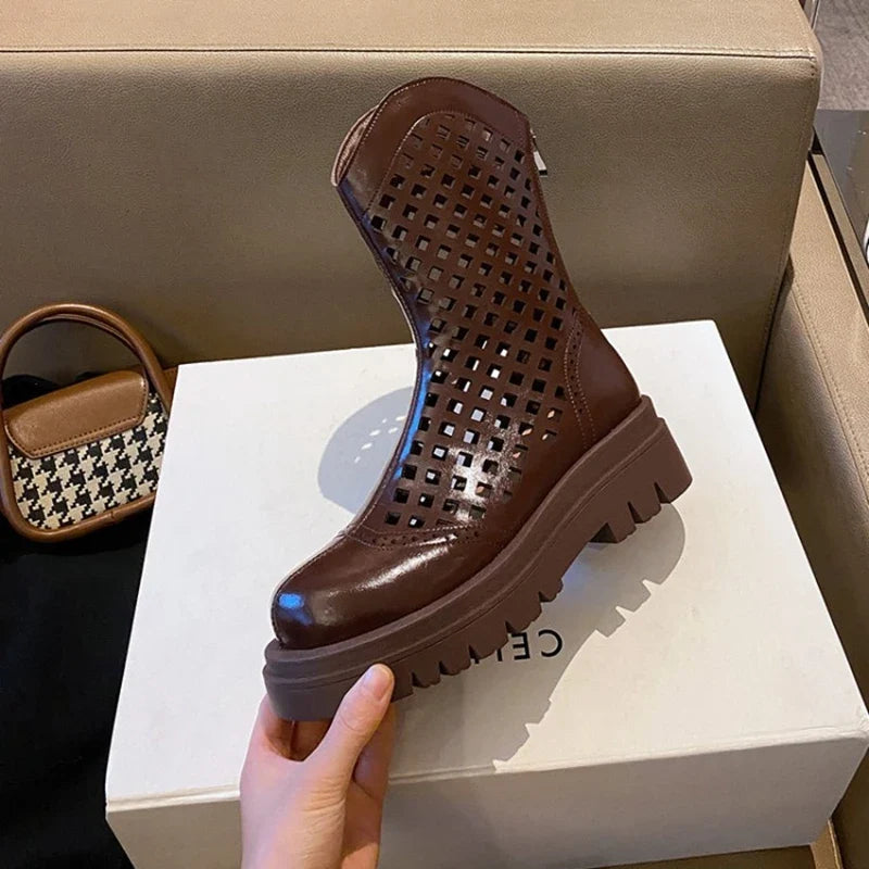 Women's leather cowhide round toe high-heeled high-heeled thick soled hollow breathable zipper and calf hole short boots