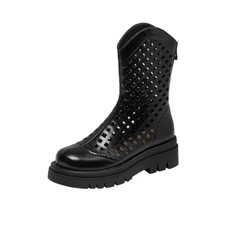 Women's leather cowhide round toe high-heeled high-heeled thick soled hollow breathable zipper and calf hole short boots