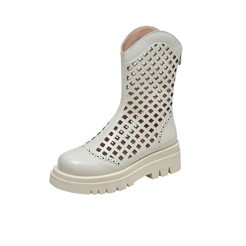 Women's leather cowhide round toe high-heeled high-heeled thick soled hollow breathable zipper and calf hole short boots