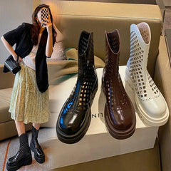 Women's leather cowhide round toe high-heeled high-heeled thick soled hollow breathable zipper and calf hole short boots