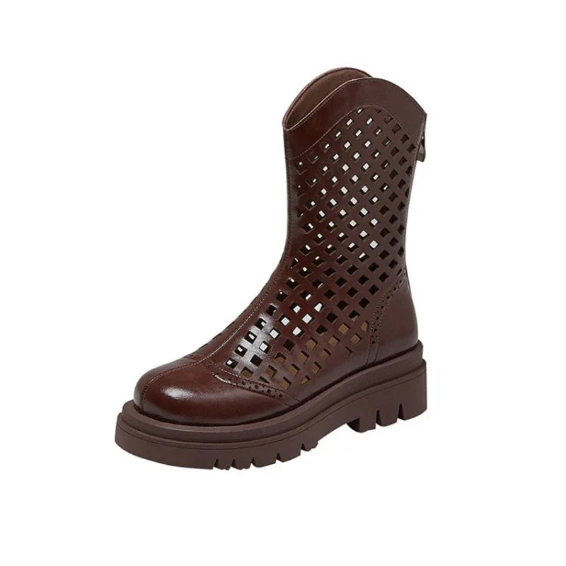 Women's leather cowhide round toe high-heeled high-heeled thick soled hollow breathable zipper and calf hole short boots
