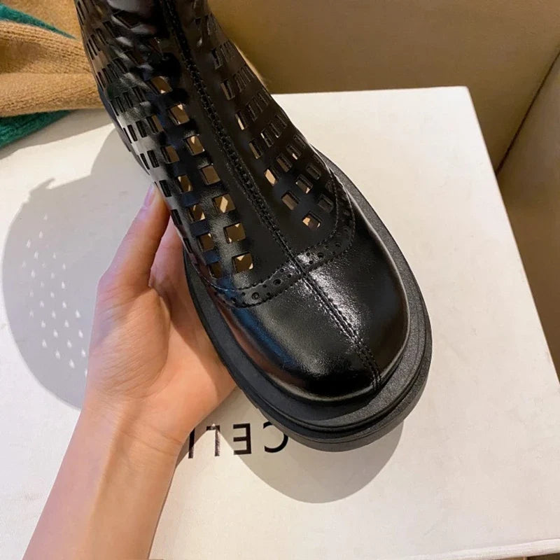 Women's leather cowhide round toe high-heeled high-heeled thick soled hollow breathable zipper and calf hole short boots