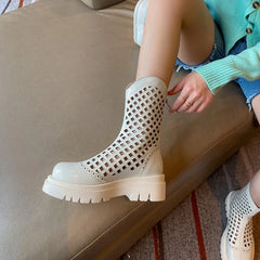 Women's leather cowhide round toe high-heeled high-heeled thick soled hollow breathable zipper and calf hole short boots