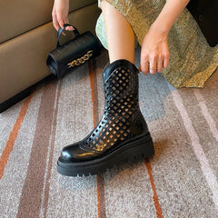 Women's leather cowhide round toe high-heeled high-heeled thick soled hollow breathable zipper and calf hole short boots