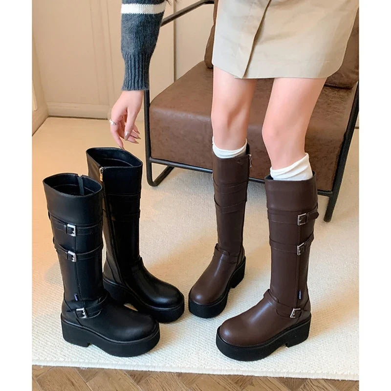 Women's leather cowhide round toe high-heeled thick soled metal belt buckle and knee high Boots