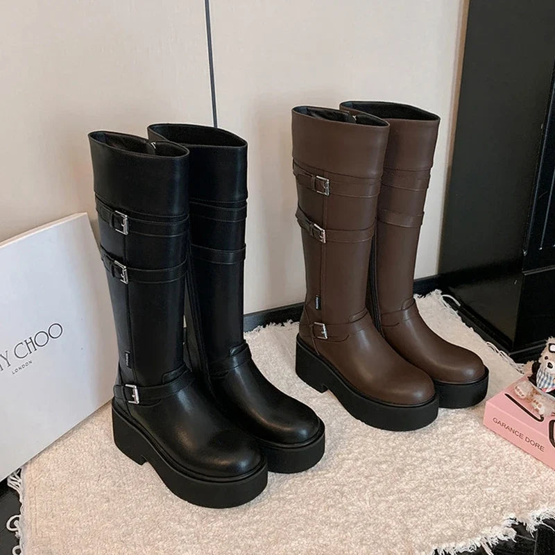 Women's leather cowhide round toe high-heeled thick soled metal belt buckle and knee high Boots