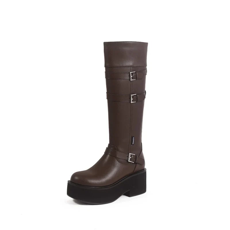 Women's leather cowhide round toe high-heeled thick soled metal belt buckle and knee high Boots