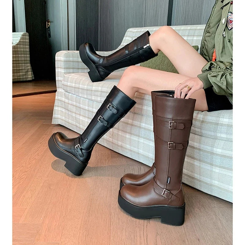 Women's leather cowhide round toe high-heeled thick soled metal belt buckle and knee high Boots