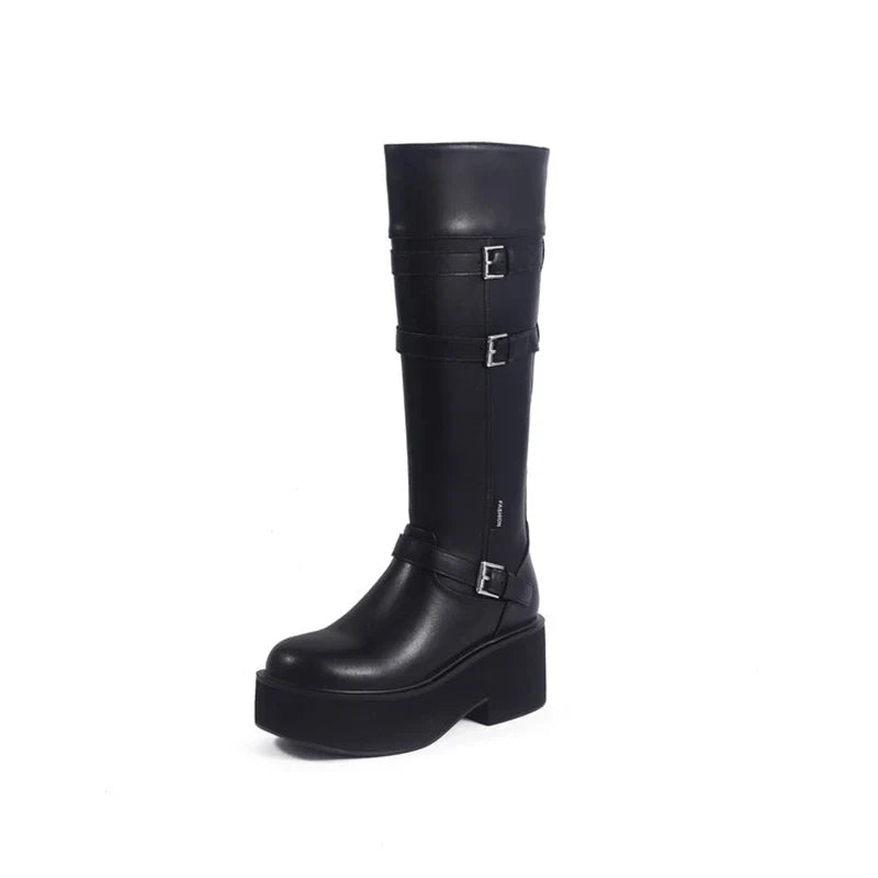 Women's leather cowhide round toe high-heeled thick soled metal belt buckle and knee high Boots