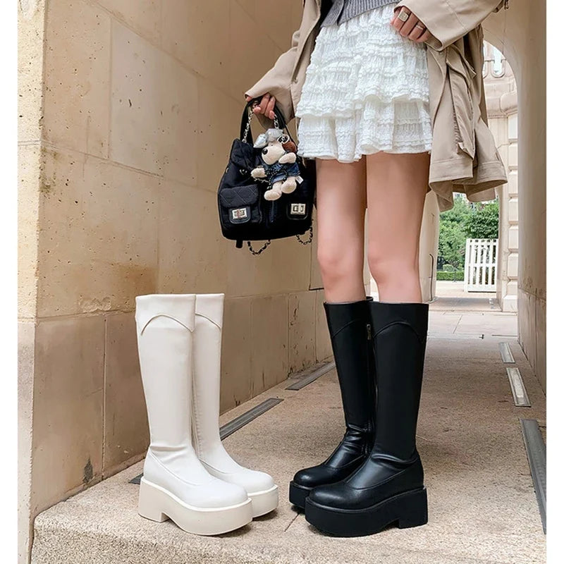 Women's leather cowhide round toe high heels with thick bottom zipper and knee high Boots