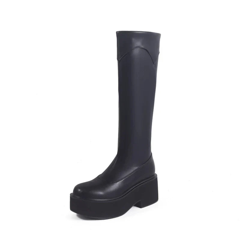 Women's leather cowhide round toe high heels with thick bottom zipper and knee high Boots