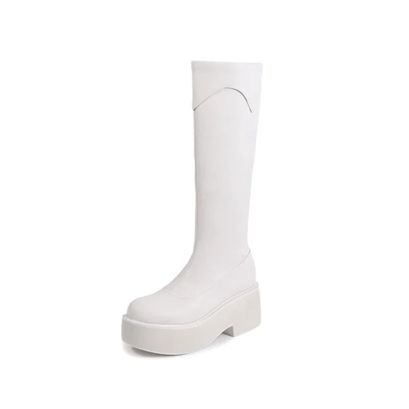 Women's leather cowhide round toe high heels with thick bottom zipper and knee high Boots
