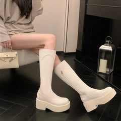 Women's leather cowhide round toe high heels with thick bottom zipper and knee high Boots