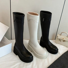 Women's leather cowhide round toe high heels with thick bottom zipper and knee high Boots