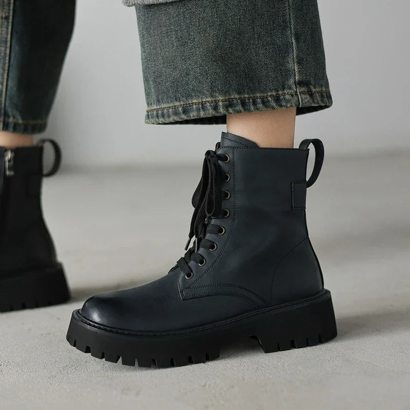 Women's leather cowhide round toe lace up thick bottom zipper mid heel retro short Boots