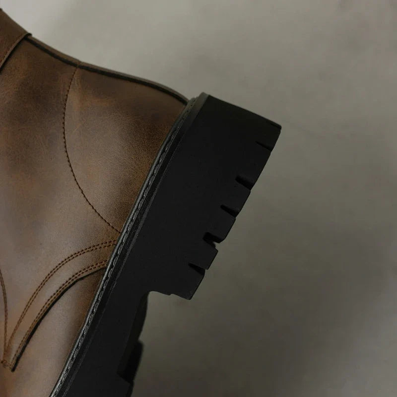 Women's leather cowhide round toe lace up thick bottom zipper mid heel retro short Boots