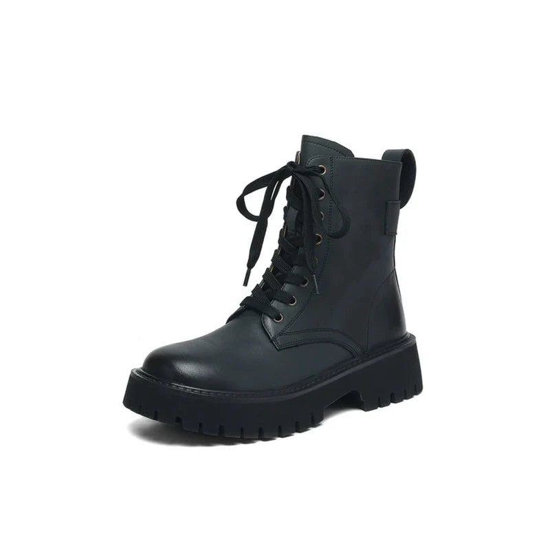 Women's leather cowhide round toe lace up thick bottom zipper mid heel retro short Boots