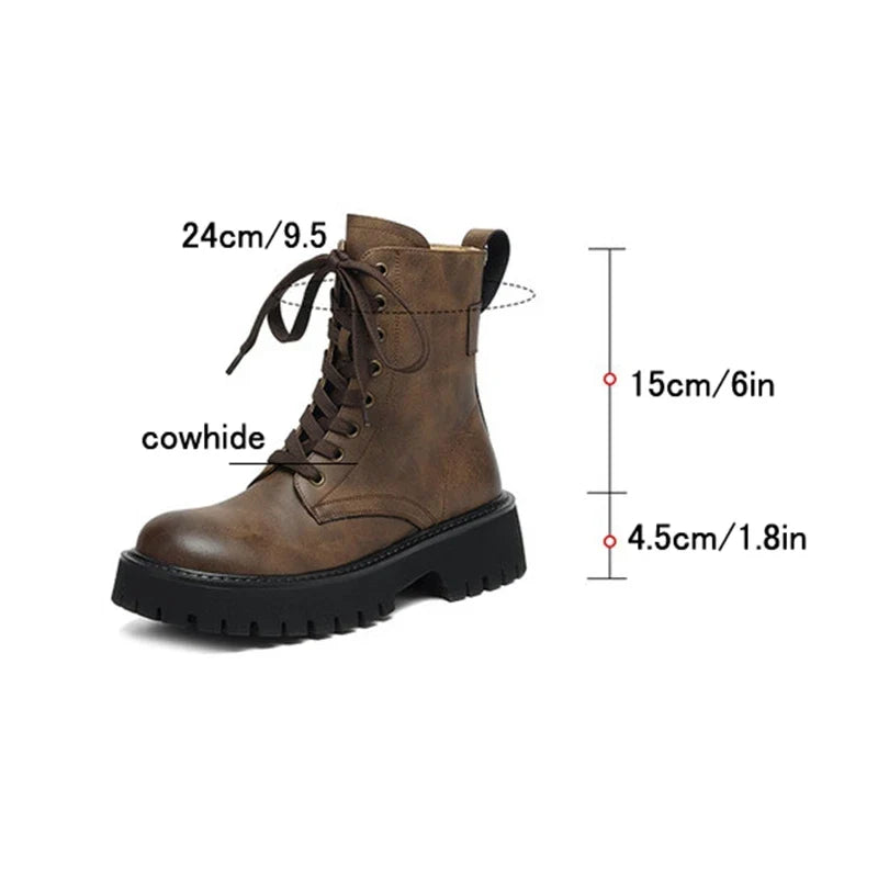 Women's leather cowhide round toe lace up thick bottom zipper mid heel retro short Boots