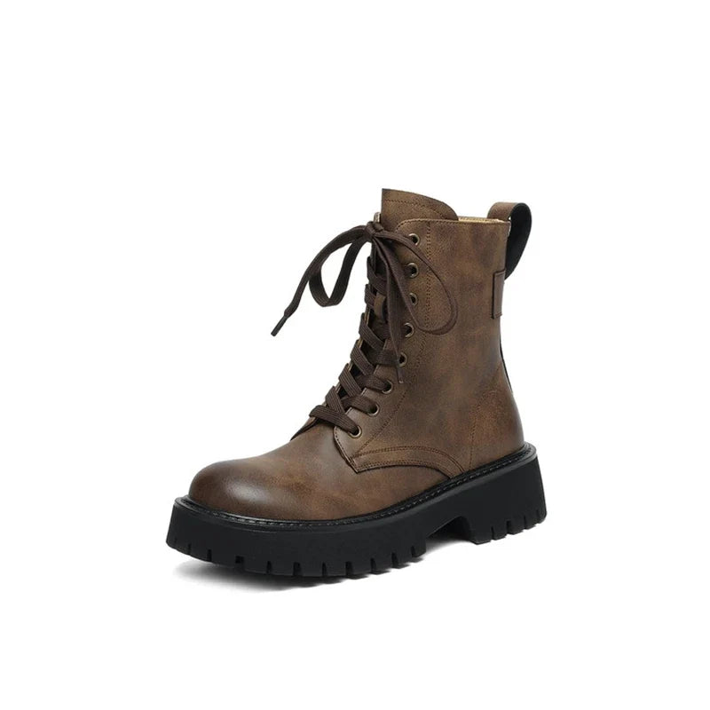 Women's leather cowhide round toe lace up thick bottom zipper mid heel retro short Boots