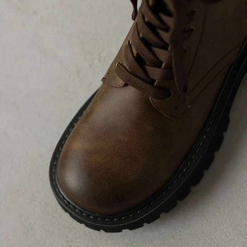Women's leather cowhide round toe lace up thick bottom zipper mid heel retro short Boots