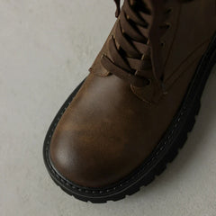 Women's leather cowhide round toe lace up thick bottom zipper mid heel retro short Boots