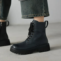 Women's leather cowhide round toe lace up thick bottom zipper mid heel retro short Boots