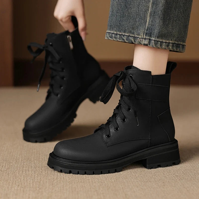 Women's leather cowhide round toe retro mid heel handmade plus